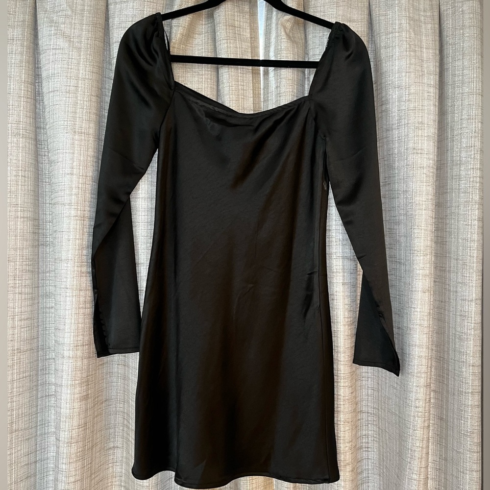 Black satin mini dress, new with tags, never worn.